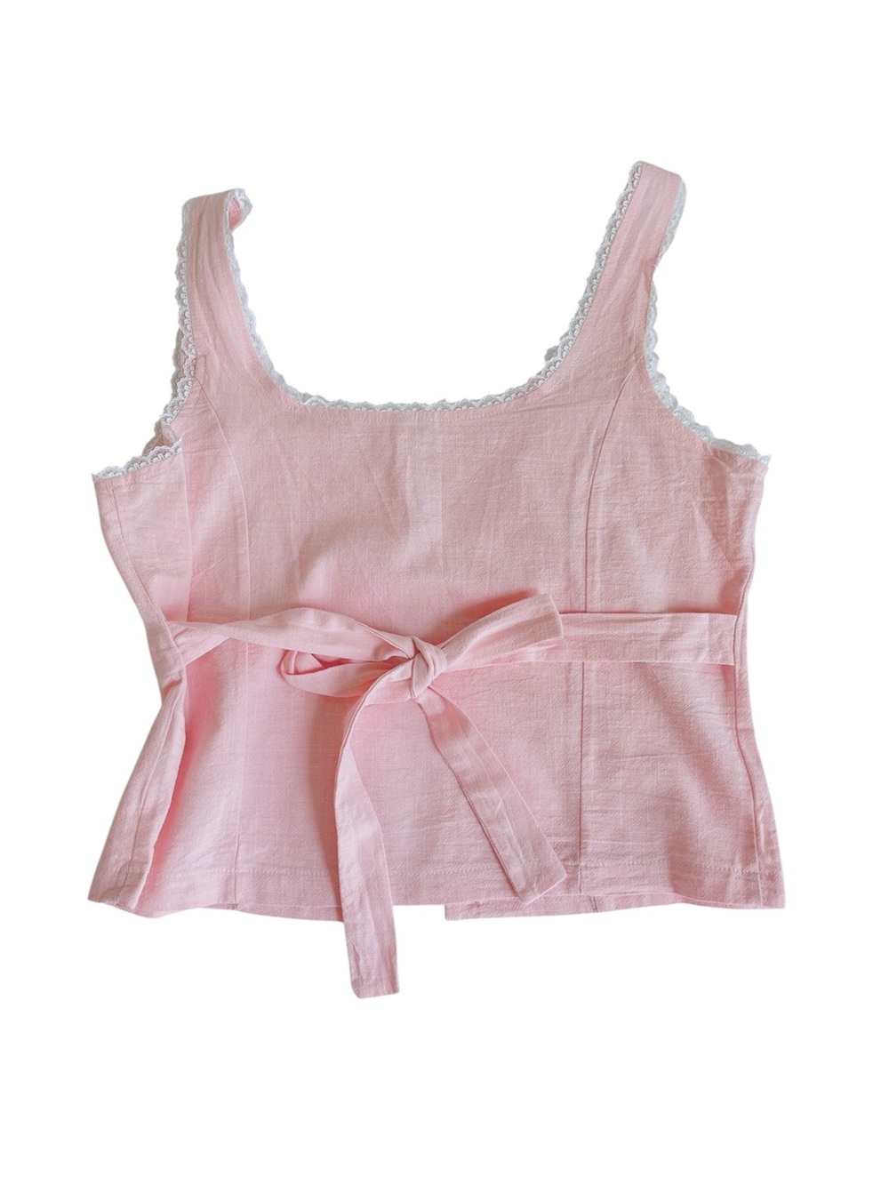 Pink Lace-Trim Linen Tank Top with Tie in size Medium - Picture 4 of 4